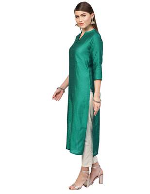 Women Green Woven Design Straight Kurta 2