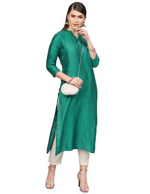Women Green Woven Design Straight Kurta 3
