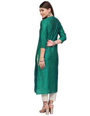 Women Green Woven Design Straight Kurta 4