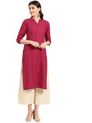 Magenta Four Botton Straight Kurta With Roll Up Sleeves. 1