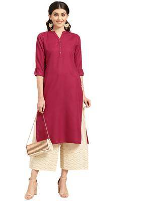 Magenta Four Botton Straight Kurta With Roll Up Sleeves. 2