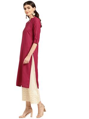 Magenta Four Botton Straight Kurta With Roll Up Sleeves. 3