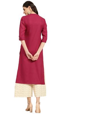 Magenta Four Botton Straight Kurta With Roll Up Sleeves. 4