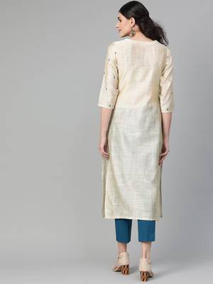 varanga off white straight kurta with thread embroidery on neckline and sleeves 1