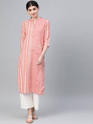 Peach Coloured & Off White Handloom Striped Straight Kurta 1