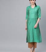 Sea green Straight kurta with zari embroidery on neckline and sleeves.