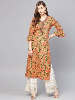 Peach Coloured & Pink Printed Straight Kurta 1