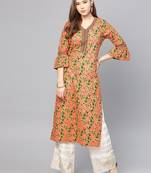Peach Coloured & Pink Printed Straight Kurta