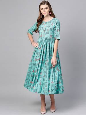 Women Turquoise Blue Printed A line Dress 1