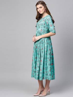 Women Turquoise Blue Printed A line Dress 2