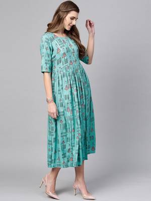 Women Turquoise Blue Printed A line Dress 3