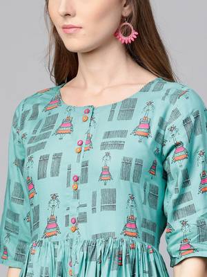 Women Turquoise Blue Printed A line Dress 4