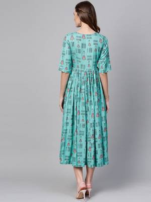 Women Turquoise Blue Printed A line Dress 5