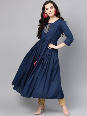 Navy Blue Pure Cotton Yoke Design Sequins Indigo Kurta 1