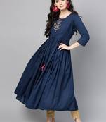 Navy Blue Pure Cotton Yoke Design Sequins Indigo Kurta