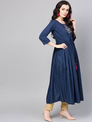 Navy Blue Pure Cotton Yoke Design Sequins Indigo Kurta 2