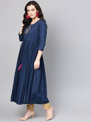Navy Blue Pure Cotton Yoke Design Sequins Indigo Kurta 3