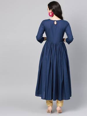 Navy Blue Pure Cotton Yoke Design Sequins Indigo Kurta 4