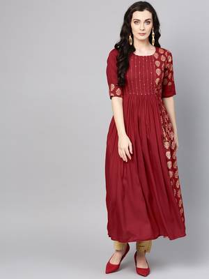 Maroon & Golden Printed Anarkali Kurta 2