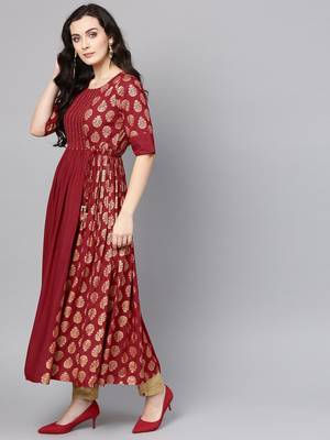 Maroon & Golden Printed Anarkali Kurta 4