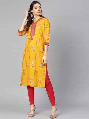 Yellow & Pink Screen Print Straight Kurta 1