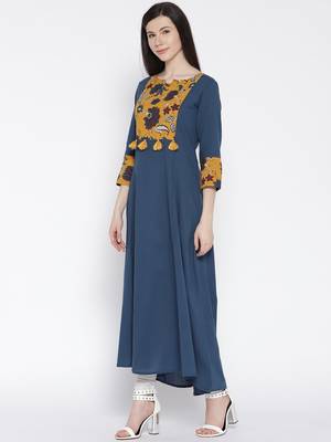 Women Teal Blue Yoke Design Anarkali Kurta 2