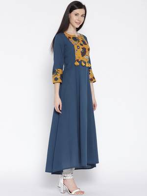 Women Teal Blue Yoke Design Anarkali Kurta 3