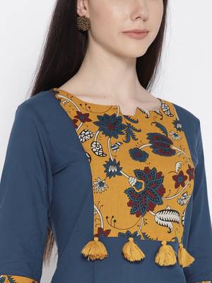 Women Teal Blue Yoke Design Anarkali Kurta 4