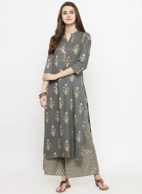Women Grey & Gold Toned Printed Straight Kurta 1