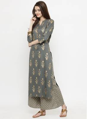 Women Grey & Gold Toned Printed Straight Kurta 2