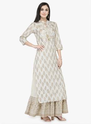 Off White & Gold Toned Printed Straight Kurta 1