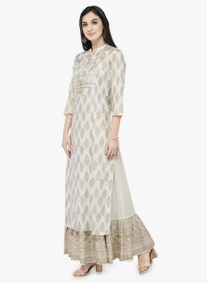 Off White & Gold Toned Printed Straight Kurta 2