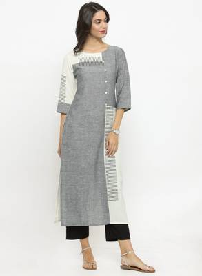Grey & White Colourblocked Straight Kurta 1