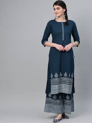Blue Hand Block Printed Straight Kurta With Flarred Hand Block Printed Palazzo. 1