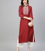 Maroon & Off White Yoke Design Straight Kurta