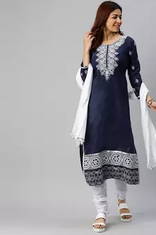 Navy-Blue Embroidered Cotton Salwar
