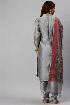 Grey Block Print Banarasi Silk Salwar