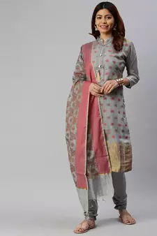 Grey Block Print Banarasi Silk Salwar