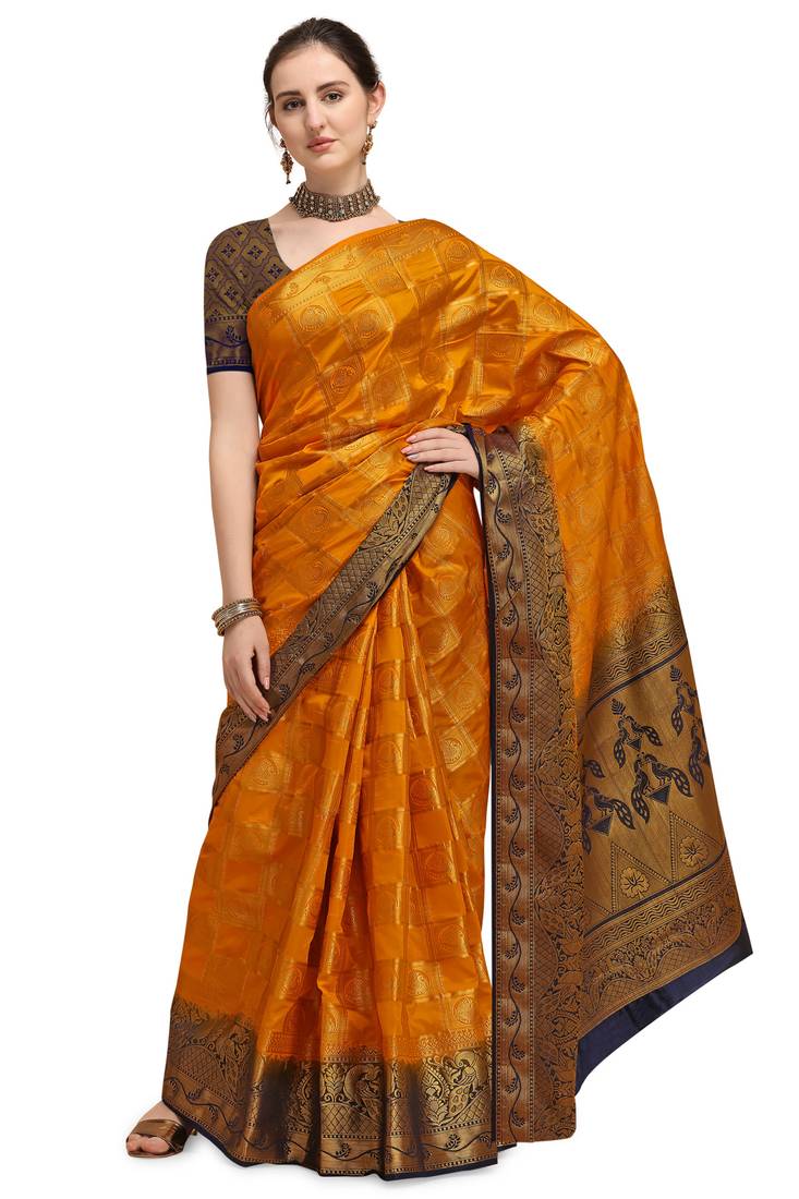 Mustard woven art silk saree saree with blouse