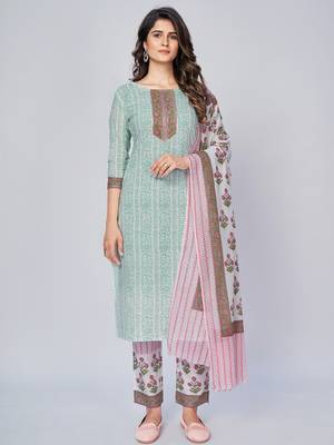 Women's Print & Kasab Embroidered Straight Cotton White Kurta With Pant & Dupatta 1