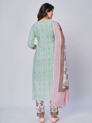 Women's Print & Kasab Embroidered Straight Cotton White Kurta With Pant & Dupatta 2
