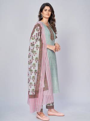 Women's Print & Kasab Embroidered Straight Cotton White Kurta With Pant & Dupatta 3