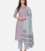 Women's Printed & Sequience Work Straight Cotton Light Pink Kurta With Pant & Dupatta