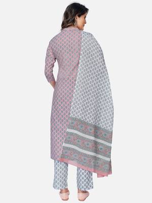 Women's Printed & Sequience Work Straight Cotton Light Pink Kurta With Pant & Dupatta 3