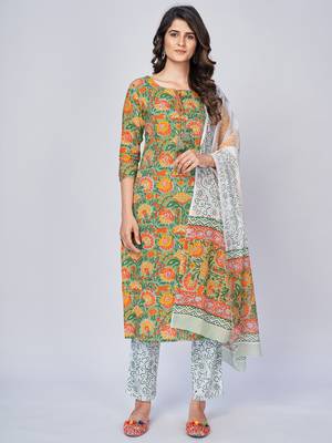 Women's Printed & Sequience Work Straight Cotton Green Kurta With Pant & Dupatta 1