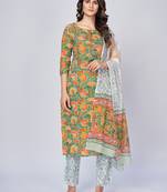 Women's Printed & Sequience Work Straight Cotton Green Kurta With Pant & Dupatta