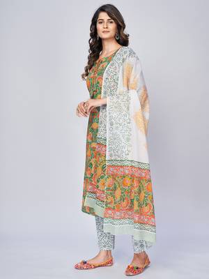Women's Printed & Sequience Work Straight Cotton Green Kurta With Pant & Dupatta 3