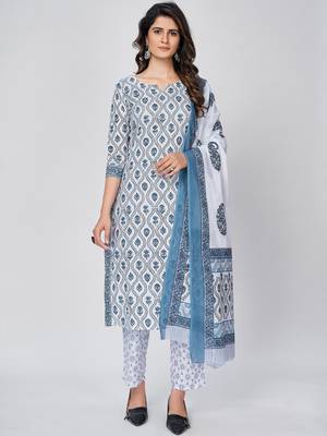 Women's Printed Straight Cotton White Kurta With Pant & Dupatta 1