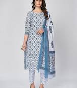 Women's Printed Straight Cotton White Kurta With Pant & Dupatta