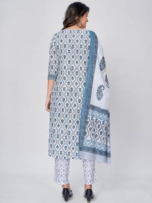 Women's Printed Straight Cotton White Kurta With Pant & Dupatta 2